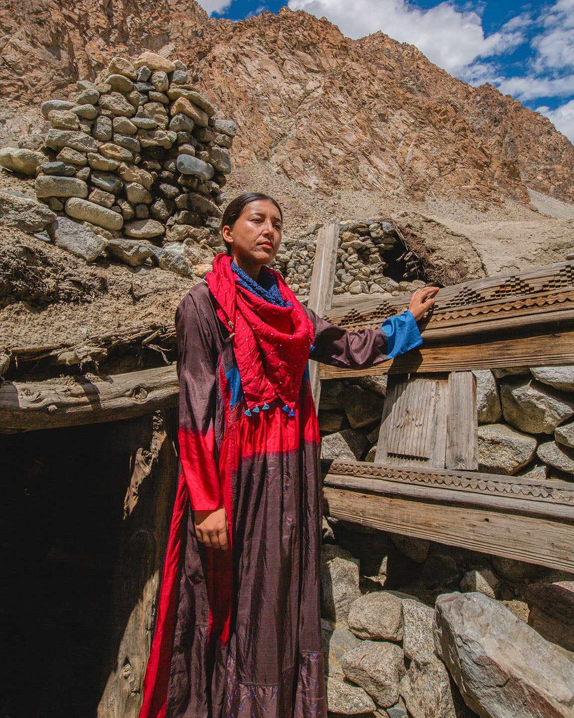 Shyok カラーブロック シルク ドレス